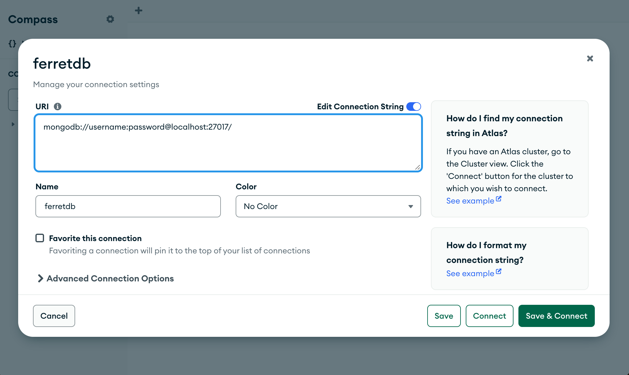 Example of FerretDB connection string in MongoDB Compass