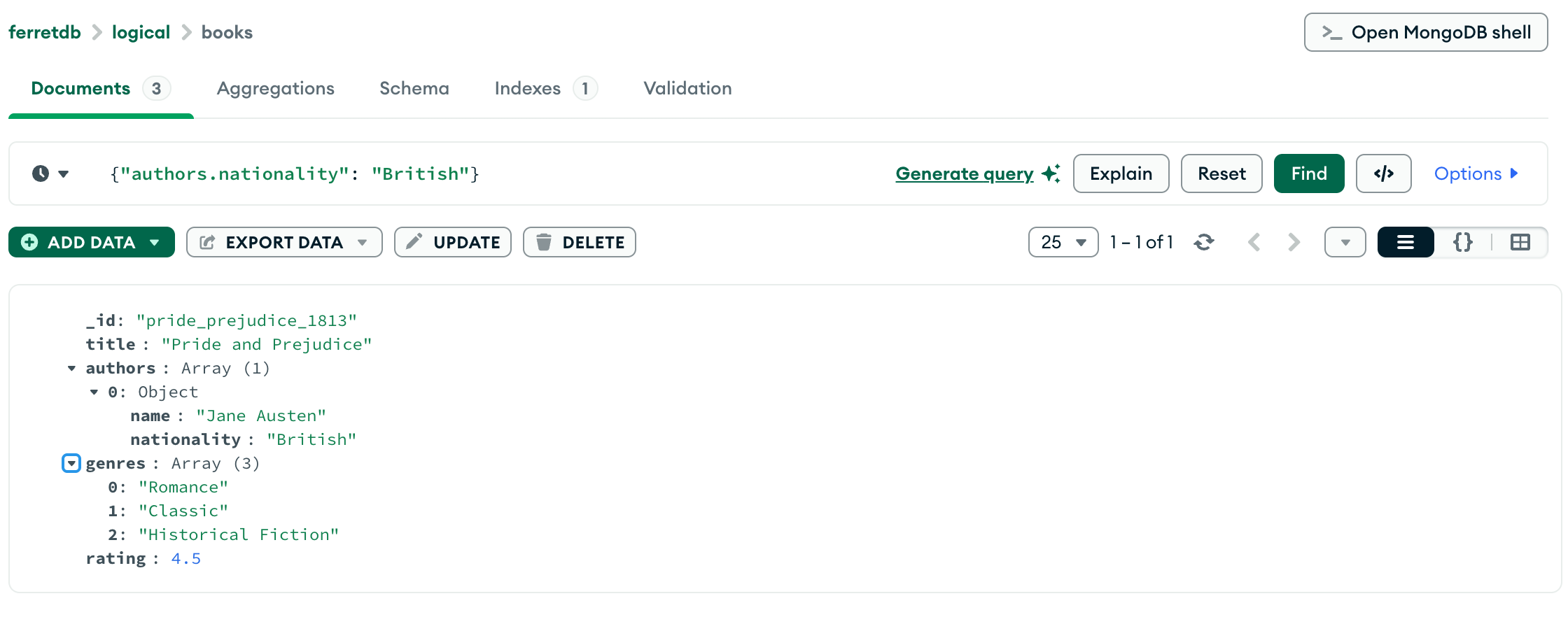 Querying a collection in FerretDB using Compass