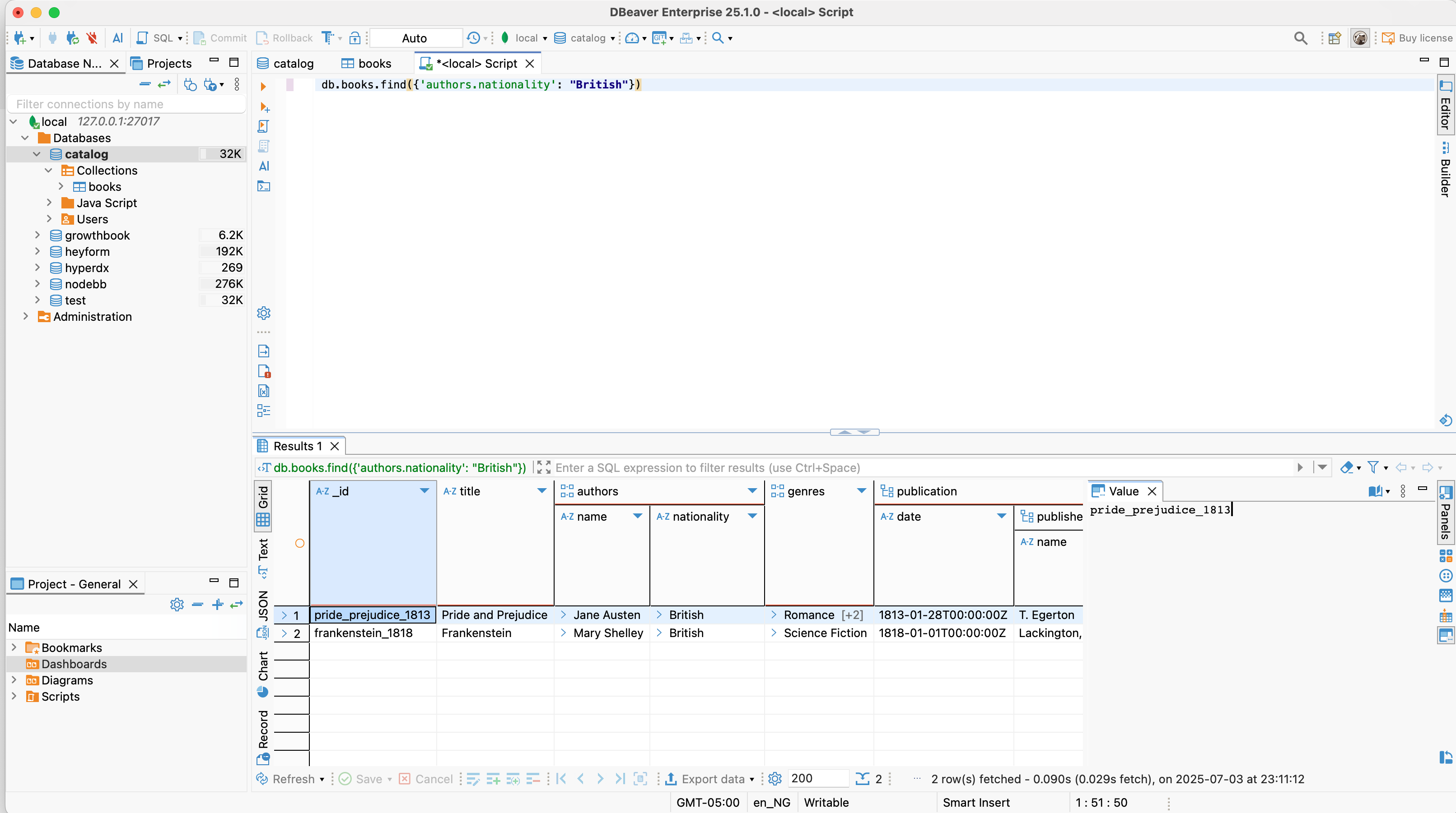 DBeaver's data editor showing the books collection