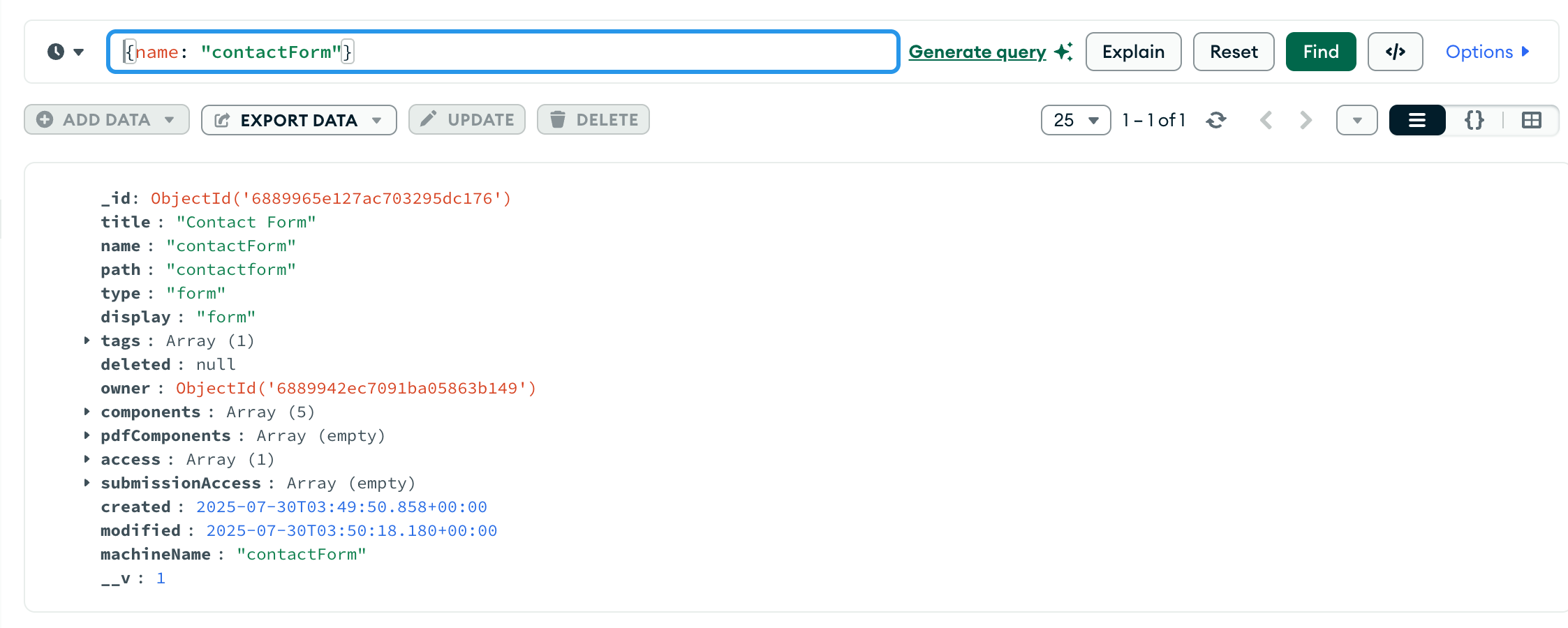 Form.io data shown in FerretDB