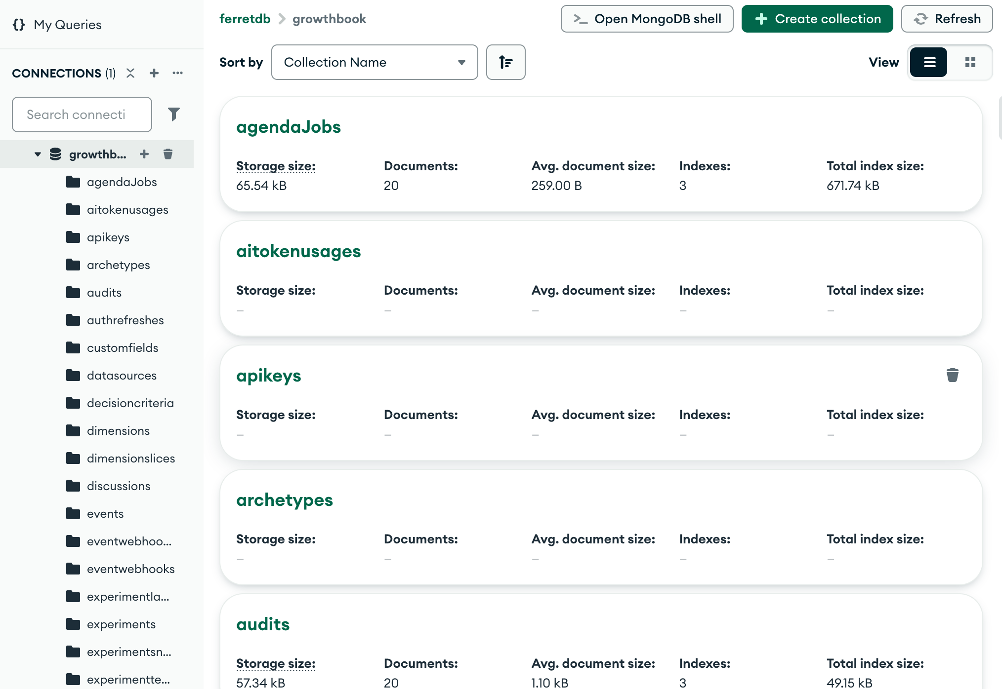 A screenshot of a MongoDB GUI tool connected to FerretDB, showing the GrowthBook database and its collections.
