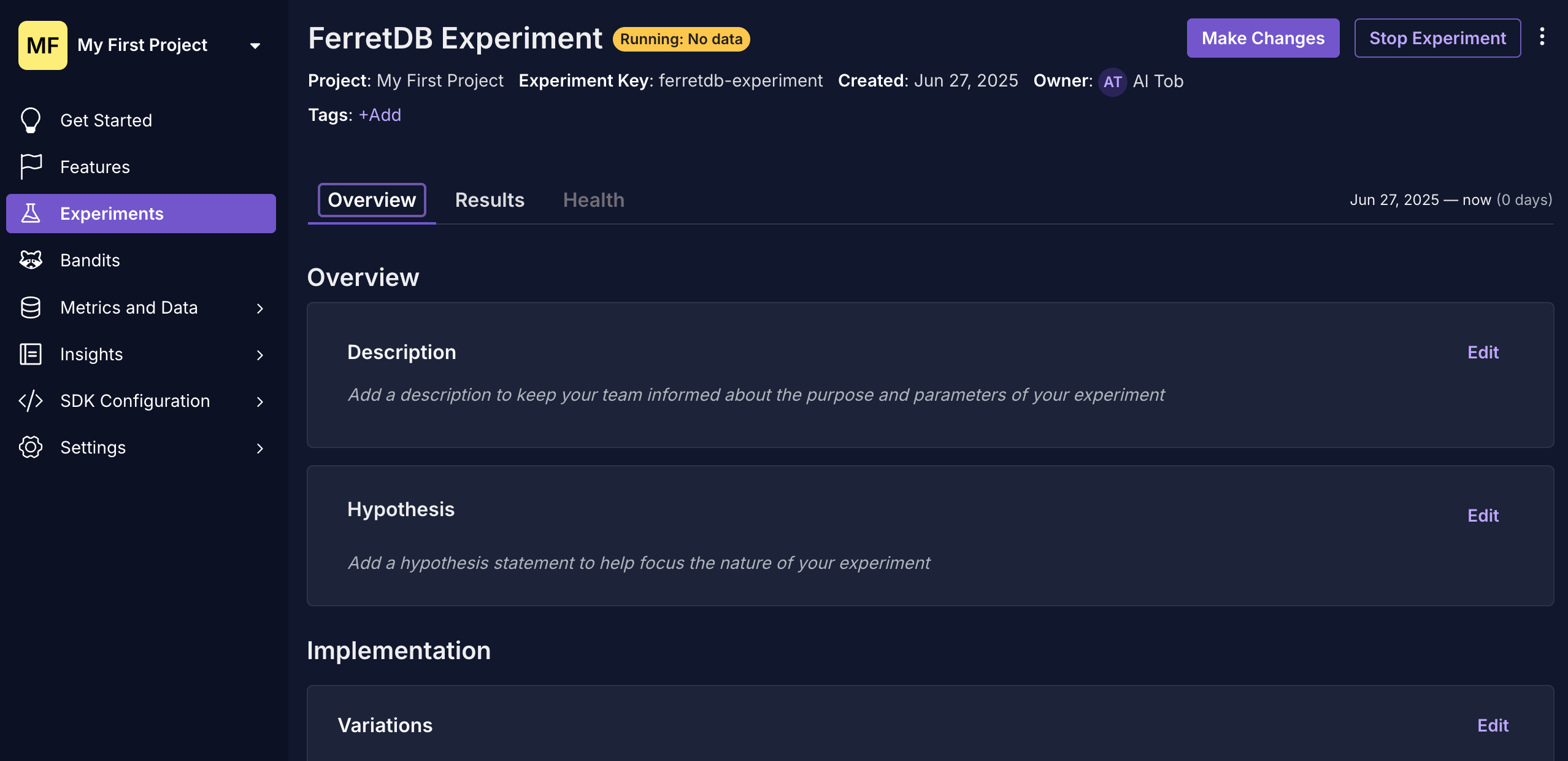 A screenshot of the GrowthBook dashboard showing an experiment named "ferretdb-experiment" with a description and status.