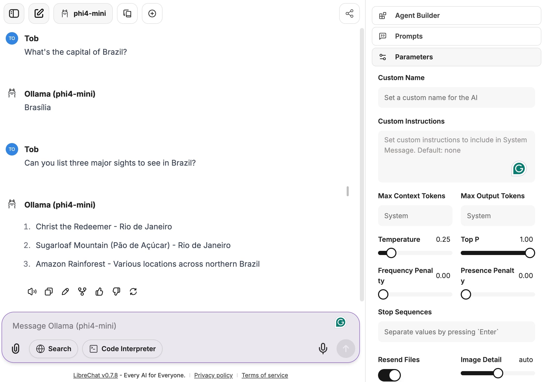 LibreChat interaction using the phi4-mini model running locally via Ollama