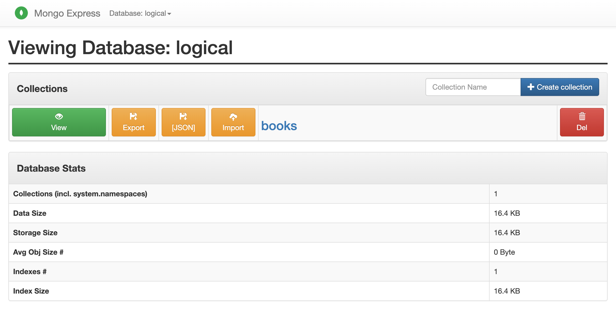 Mongo Express view of a collection in FerretDB