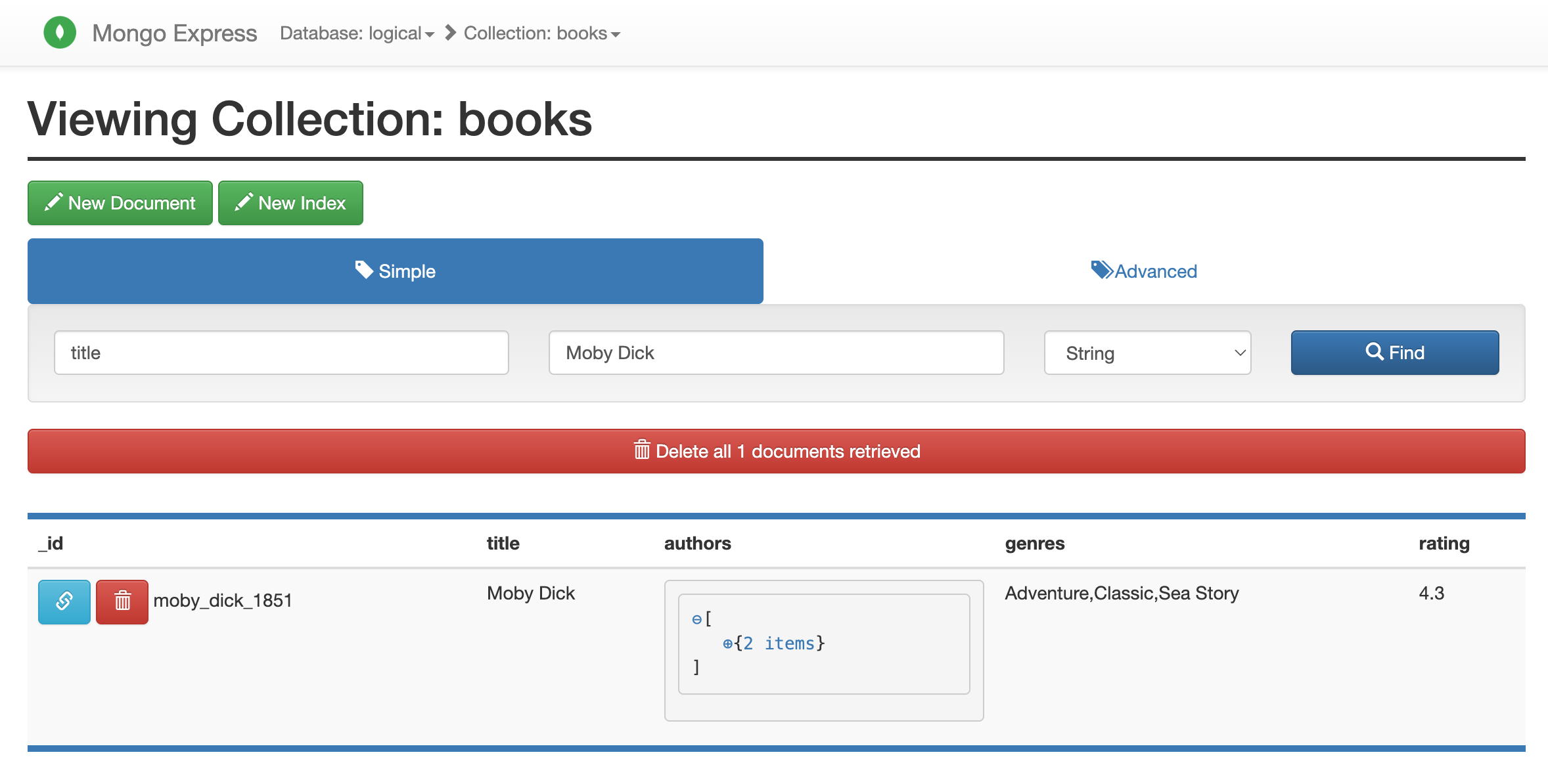 Mongo Express query example of a collection in FerretDB