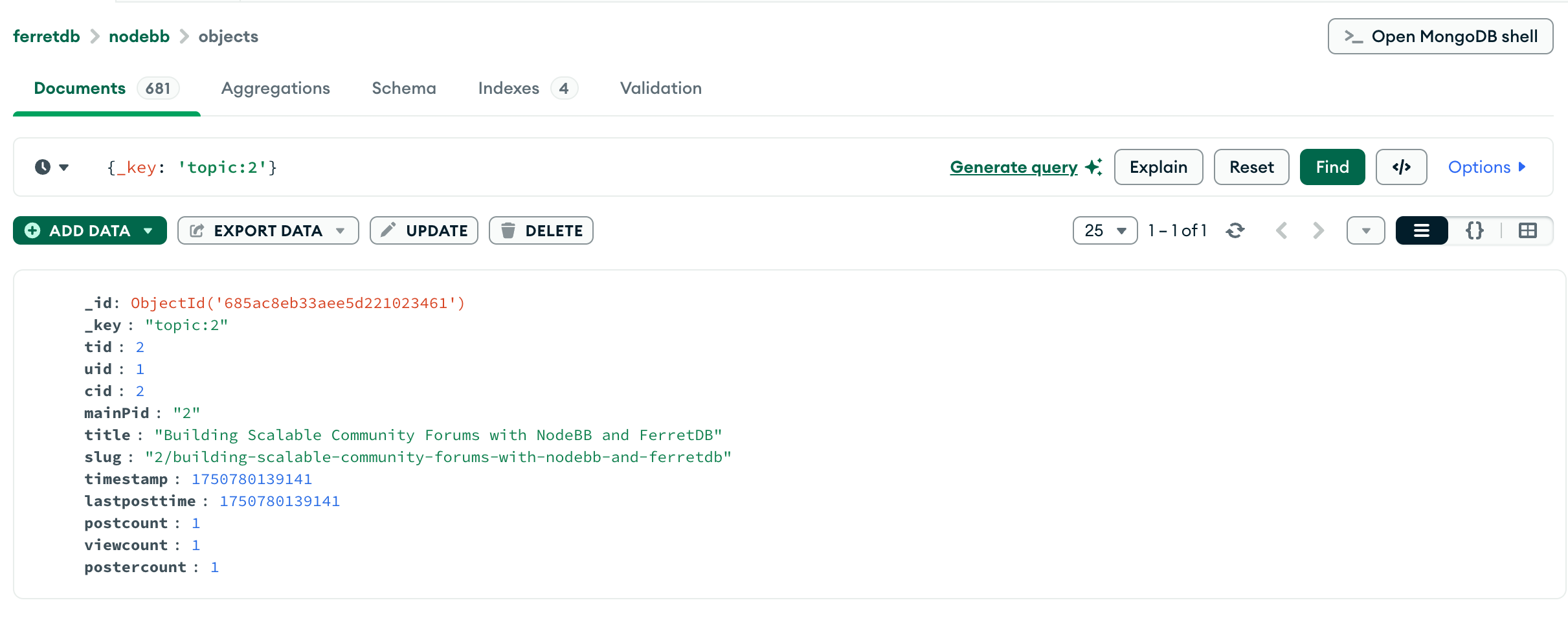 A screenshot of NodeBB data in FerretDB using Compass