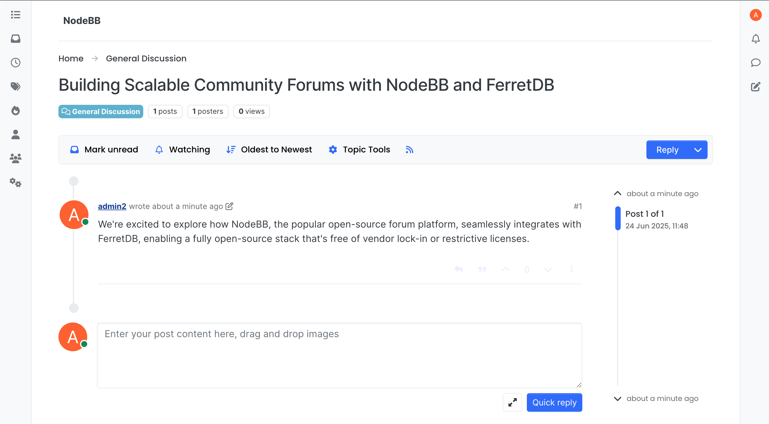 A screenshot of a NodeBB topic created with FerretDB as the backend