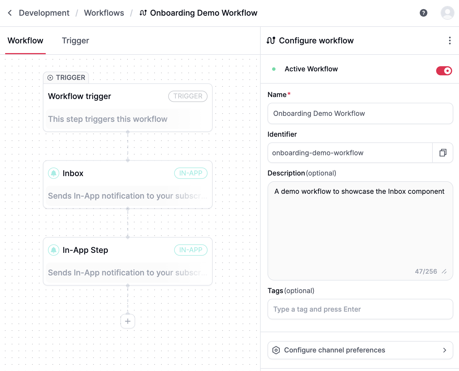 A screenshot of a notification workflow in the Novu dashboard with FerretDB as the backend