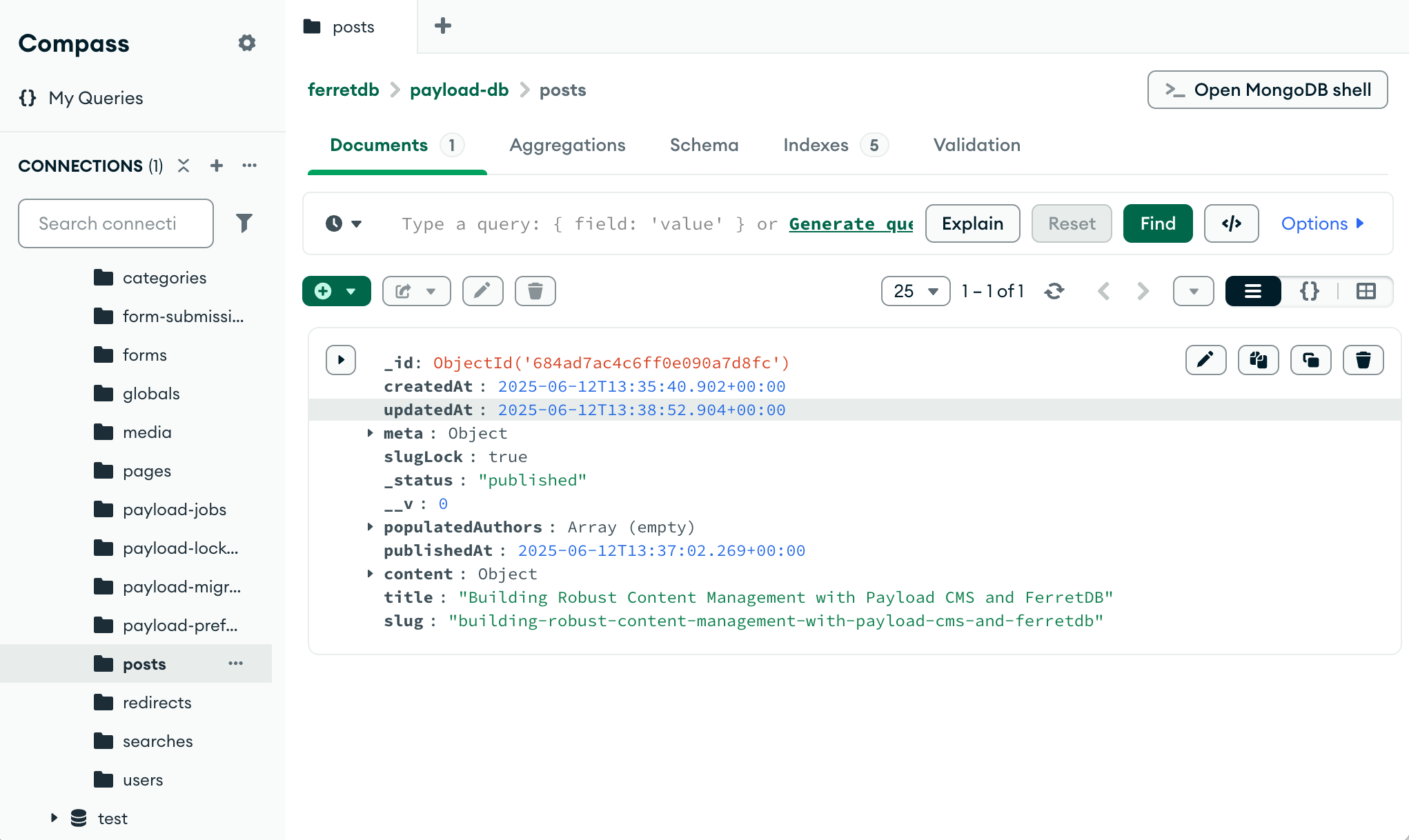 Image showing Mongo Compass querying the posts collection in FerretDB