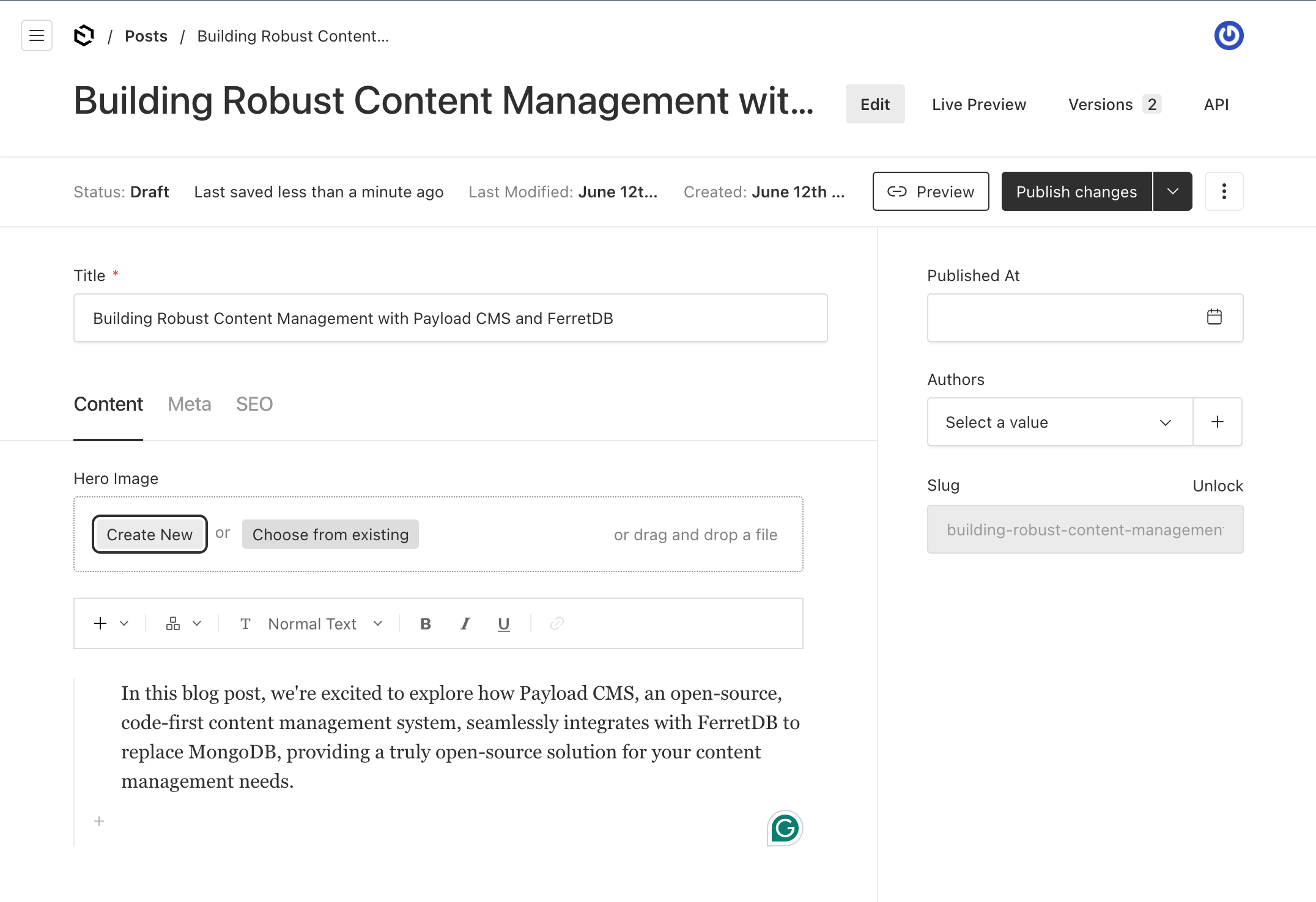Image of Payload CMS post definition with FerretDB as the backend